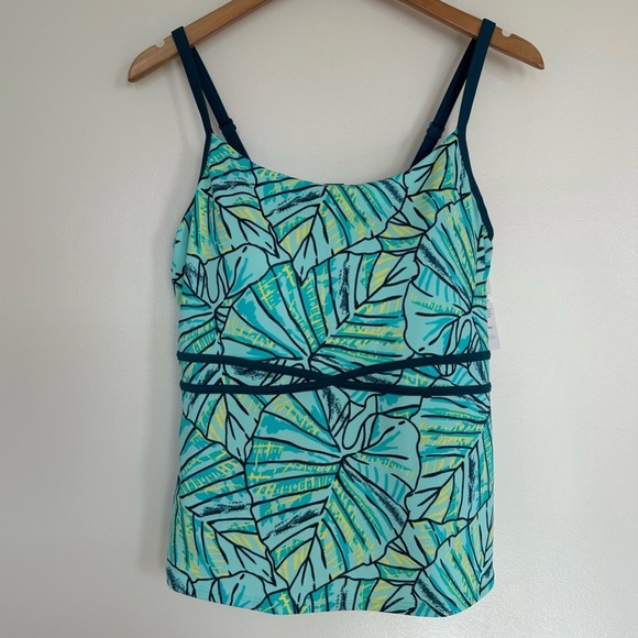 L.L. Bean Swimwear Patterned Tankini Top Size 14 Beach Glass Tropical Leaves - Picture 1 of 10
